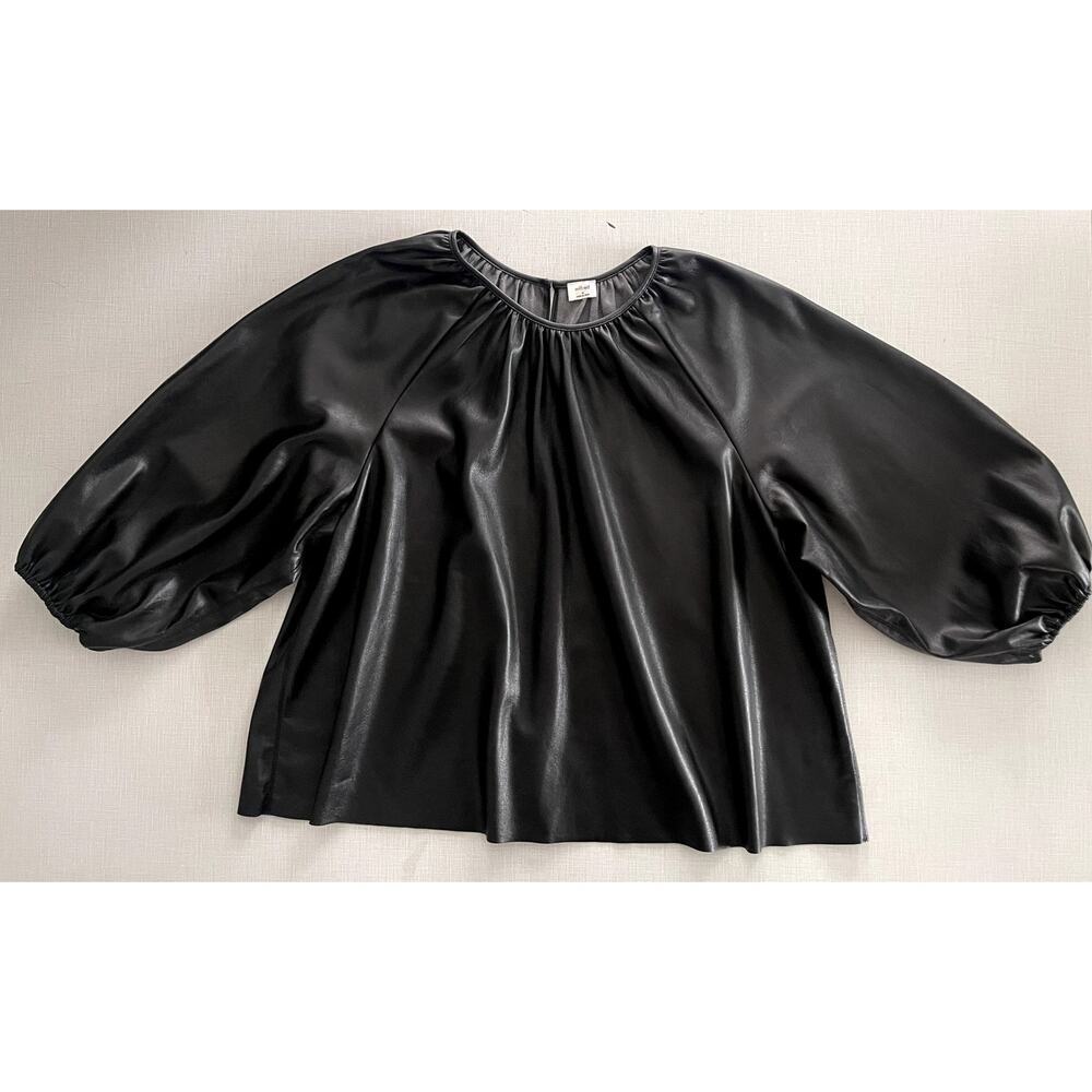 Aritzia Wilfred Sz M Bica Blouse Top Black Faux Leather Edgy Peasant Boho - Picture 5 of 15